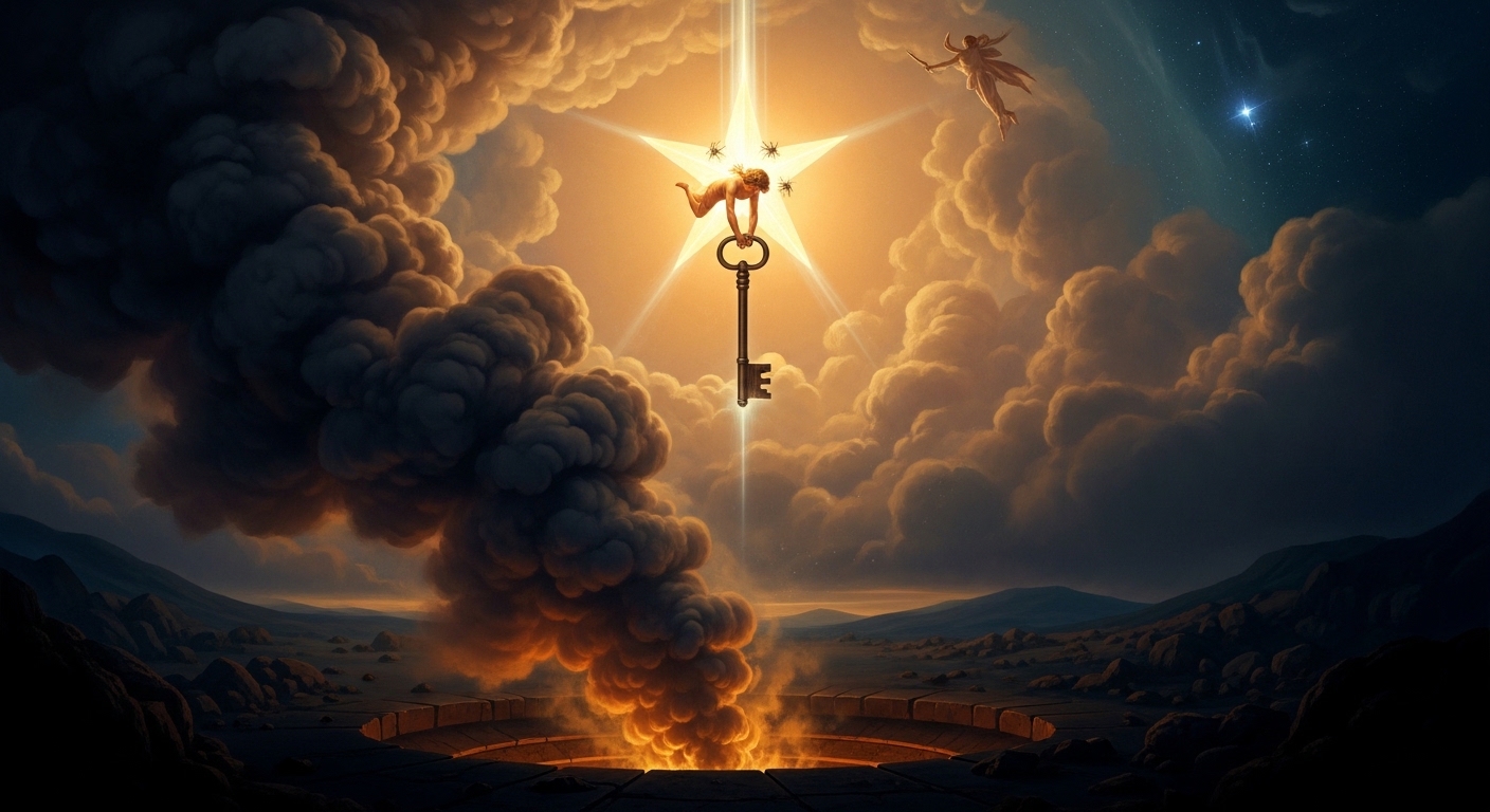 A star falls from heaven. It is given a key — the grammar implies permission, not accident. The key turns in the shaft of the Bottomless Pit, and smoke ascends thick enough to block the sun.