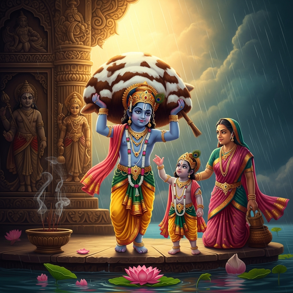 Krishna Lifts Govardhan