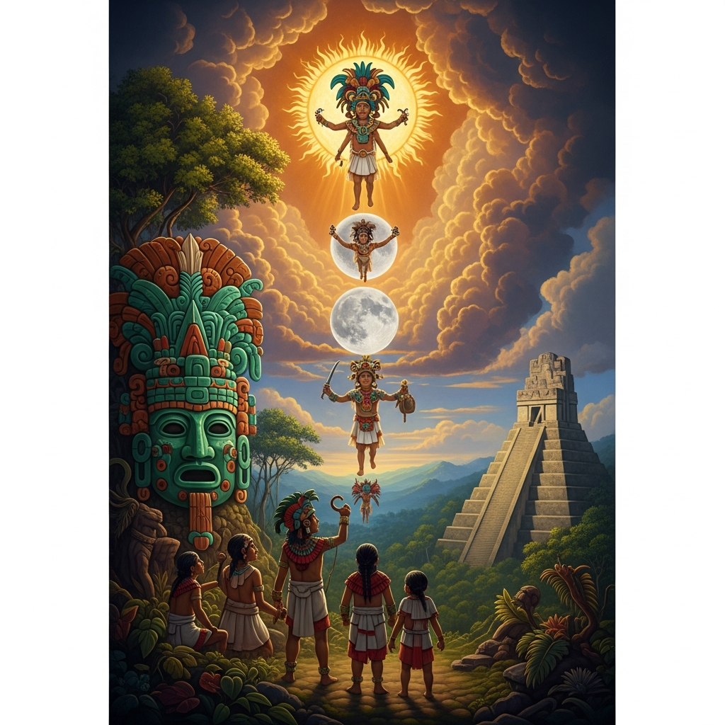 Hunahpú and Xbalanqué Rise Into the Sky